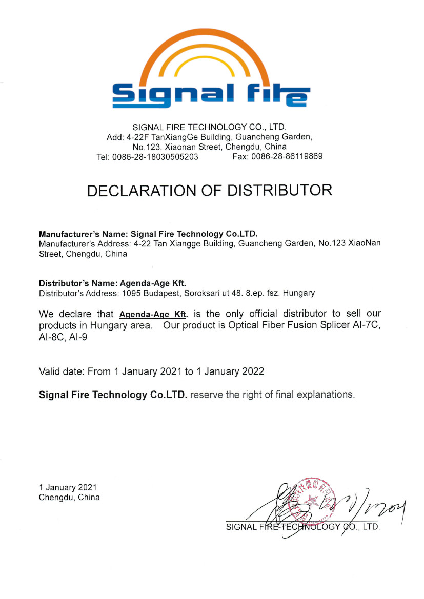 Signal Fire disztribútor oklevél 2020